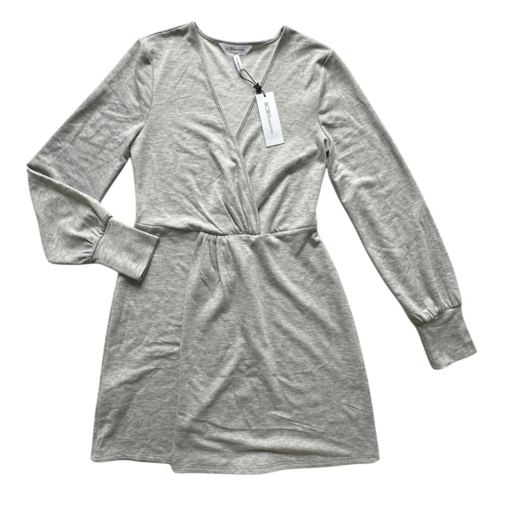 BCBGeneration Long Sleeve Twist Front Knit Dress Grey Size S New-‎